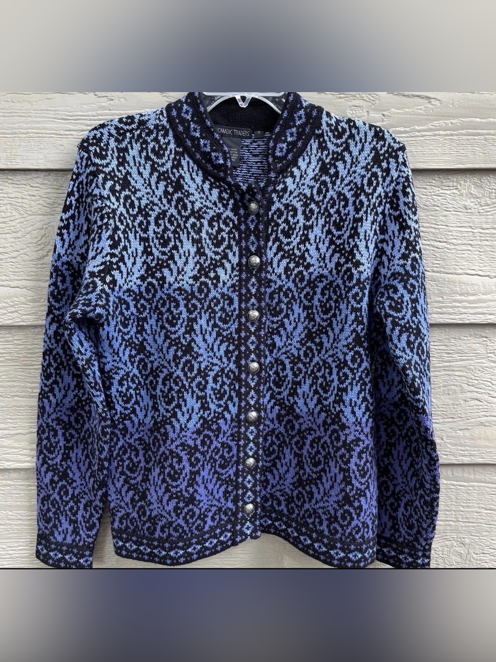 Nomadic Traders Cardigan Sweater Women S Fair Isle Silver Button Ombre Blue Zip